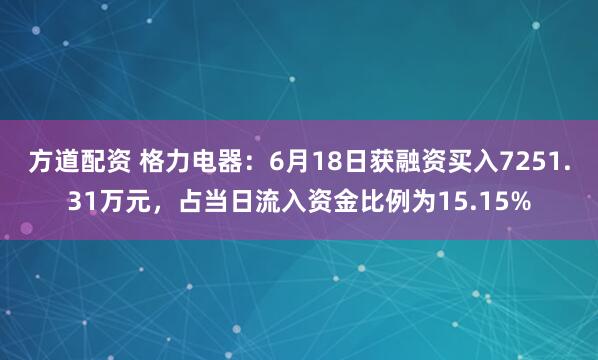 方道配资 格力电器：6月18日获融资买入7251.31万元，占当日流入资金比例为15.15%